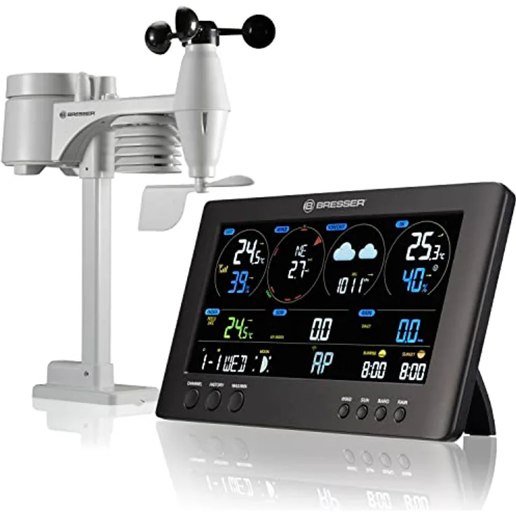 Bresser 7002586 Wetterstation Funk mit Aussensensor ClearView Wettercenter mit WLAN und 7-in-1 Profi-Sensor für Wind, Luftfeuchtigkeit, Temperatur, Niederschlag, UV-Level und Lichtintensität, Schwarz - Preisvergleich