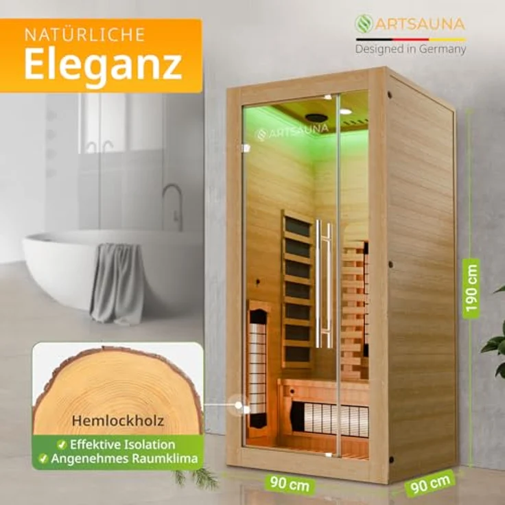 Artsauna Infrarotkabine Kiruna90 Premium Dual Technologie, für 1 Personen, Hemlockholz, Sound-System, Bluetooth, LED-Farblicht, Natur – Bild 3