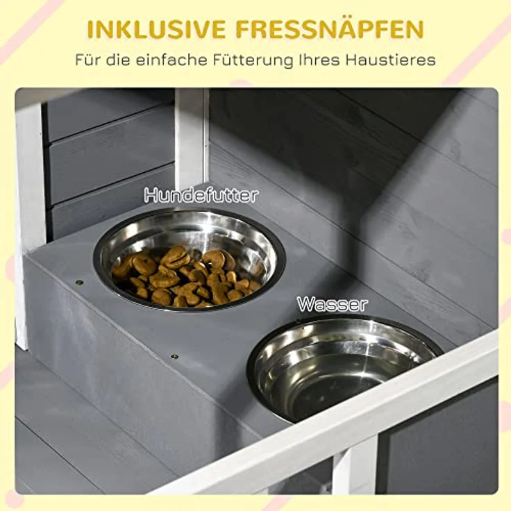 PawHut Hundehütte aus Holz, Hundehaus mit 2 Schüsseln, Terrasse, Outdoor Hundehaus Kleintierhaus für kleine Hunde mit Asphaltdach, für Draußen, Wetterbeständig, Grau, 103 x 62 x 60-66 cm – Bild 5