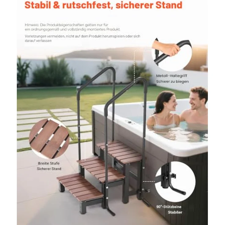 VEVOR Badewannenstufe Pooltreppe 3-stufige Außentreppe, 640 mm breit, 249 kg Tragkraft in Braun & Schwarz, rutschfeste Trittflächen, vielseitig für Pools und Terrassen – Bild 3