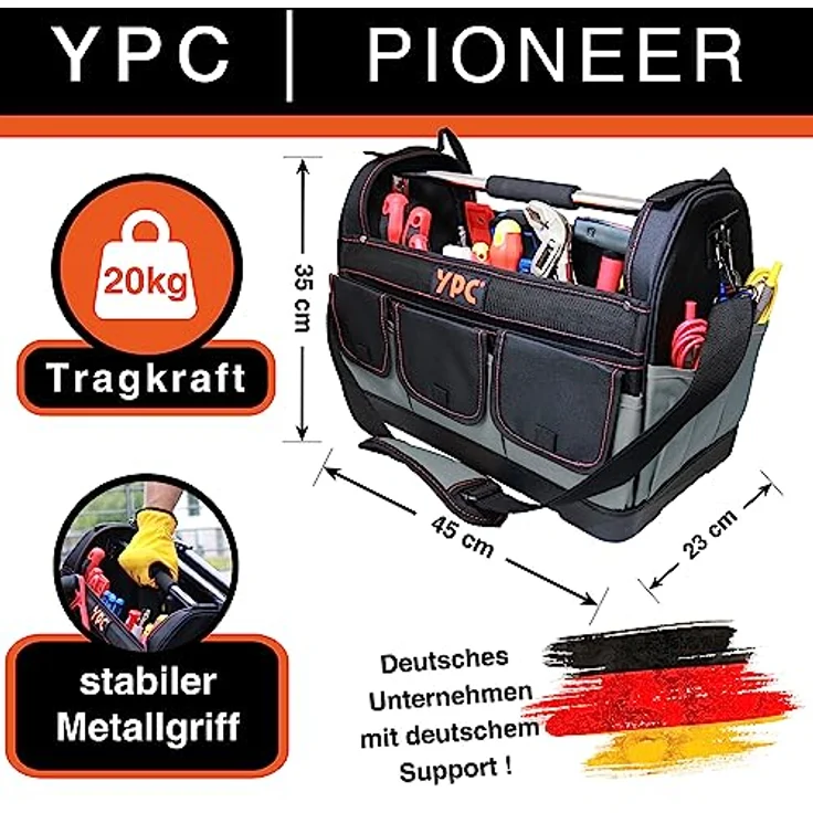 YPC Pioneer Werkzeugkorb XXL – Profi tragbare Werkzeugtasche, Wasserfest, Reißfest, Schultergurt mit Polster & Metall-Handgriff, Grau-Schwarz, 45x35x23cm, 20 kg Tragkraft – Bild 3