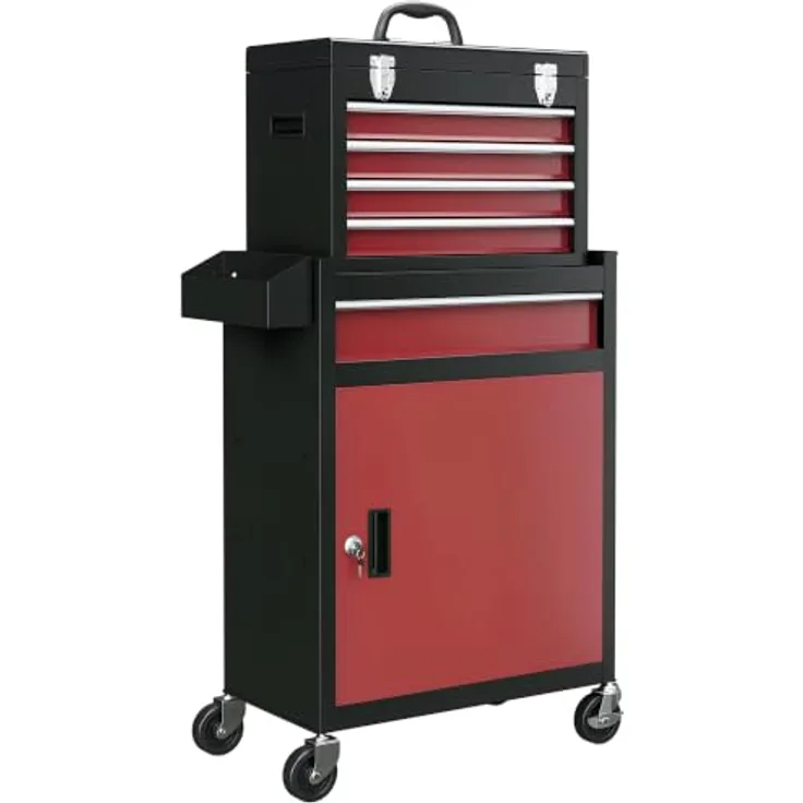 HOMCOM Werkstattwagen abschließbar, mit Rollen, Pulverbeschichtung, 130 kg Traglast, Schwarz/Rot, inkl. 1-tlg. Werkzeugset