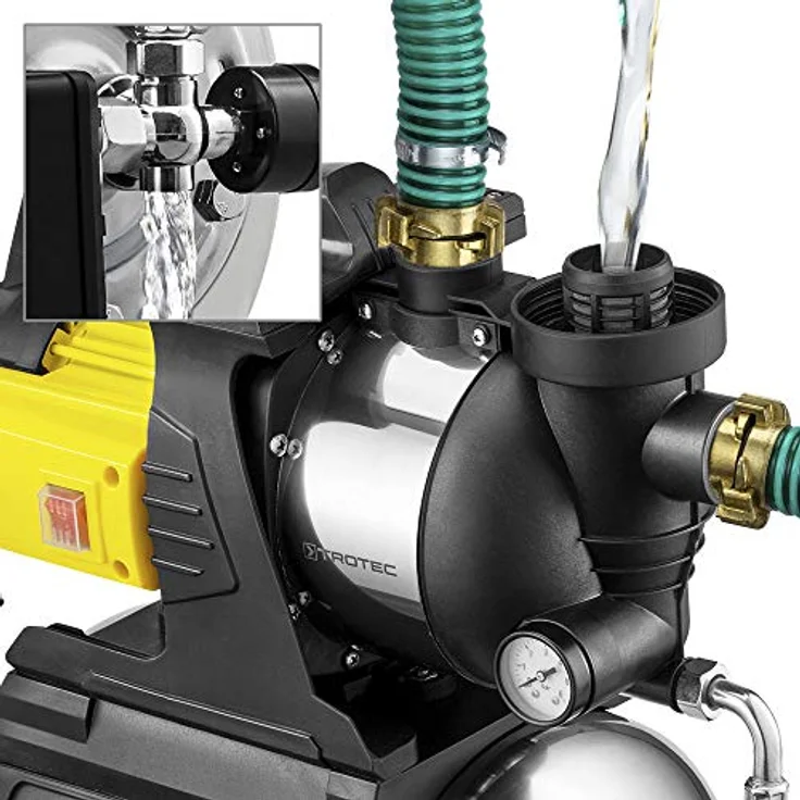 TROTEC Hauswasserwerk TGP 1050 E, 1000 W, Druckkessel 19 l, Edelstahl, max. Fördermenge 3300 l/h, selbstansaugend, spritzwassergeschützt – Bild 3