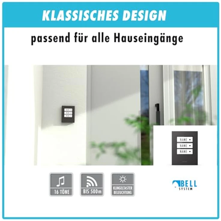 m-e Funkklingel BELL-523 AC Anthrazit, Erweiterbare kabellose Türklingel mit 500m Reichweite, 3-Familienhaus Set mit 3 Empfängern und einstellbaren Klingeltönen – Bild 4