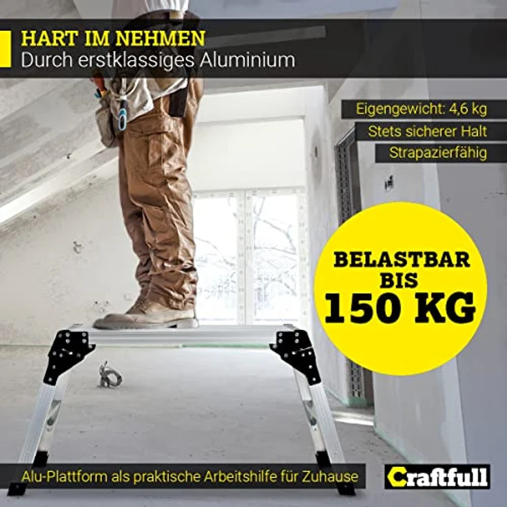 𝐂𝐑𝐀𝐅𝐓𝐅𝐔𝐋𝐋 Arbeitsplattform CF-107A | 𝟑 𝐉𝐀𝐇𝐑𝐄 𝐆𝐀𝐑𝐀𝐍𝐓𝐈𝐄 - Alu Leiter - Klappbar - Bis 150kg - Arbeitsbühne mit Plattform - Trittleiter - Werkbank - Klappleiter (Silber/Schwarz) – Bild 3