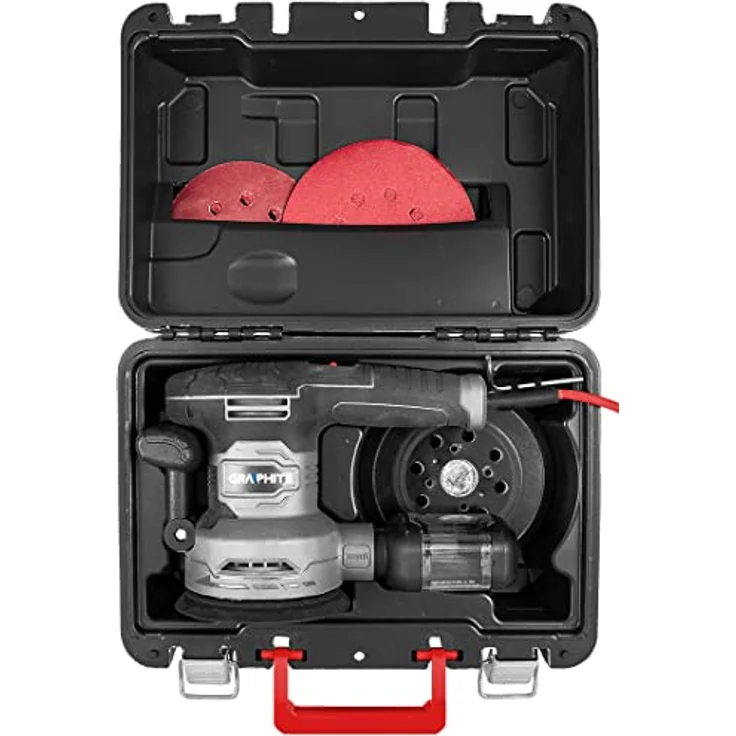 GRAPHITE Exzenterschleifer 450W, 125/150 mm mit rutschfestem Griff, Staubabsaugung, Einhandbedienung, Transportkoffer und Schleifpapier – Bild 5