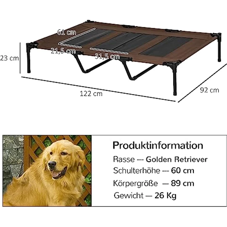 Pawhut Hundebett Outdoor Hundeliege Outdoor Katzenbett Haustierbett Schlafplatz Metall Oxford-Gewebe Kaffee-Braun 122 x 92 x 23 cm – Bild 3