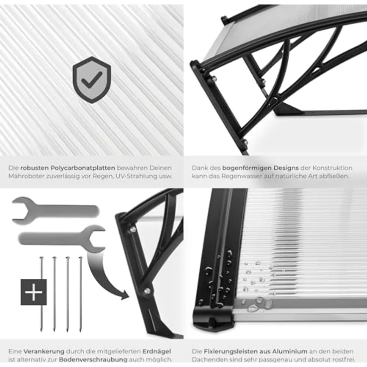 tectake Mähroboter-Garage Domus, wetterfester Unterstand für Rasenmäher-Roboter, 81 x 100 x 48 cm, inkl. 4 Erdnägel, UV-beständiges Polycarbonat-Dach – Bild 5