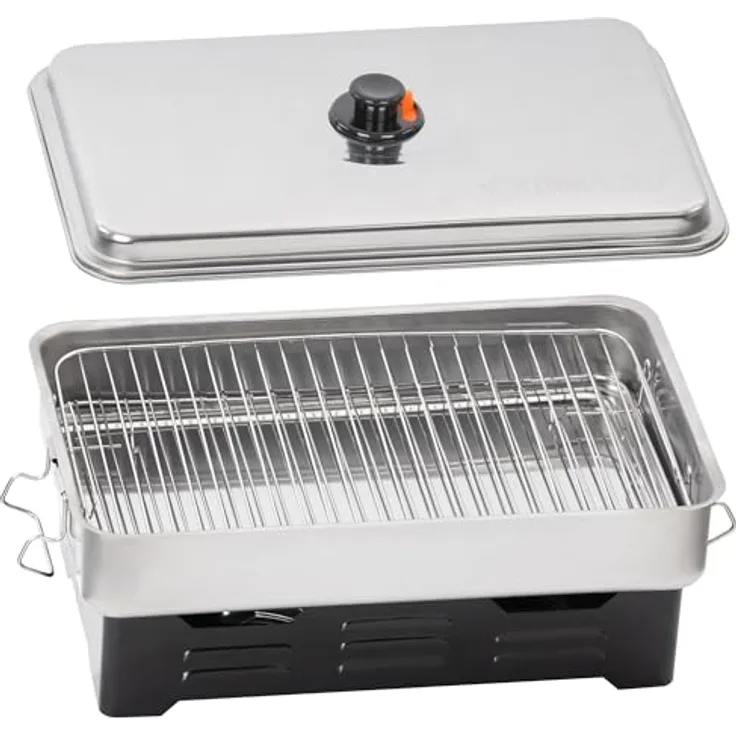 Mahlzeit Tischräucherofen Edelstahl, 47 x 27,5 x 20 cm, kompaktes Räucher-Set für Fisch, Fleisch und Gemüse, unabhängig betrieben mit Fondue-Brenner, inkl. Fettauffangschale und regulierbarem Rauchabzugsschieber
