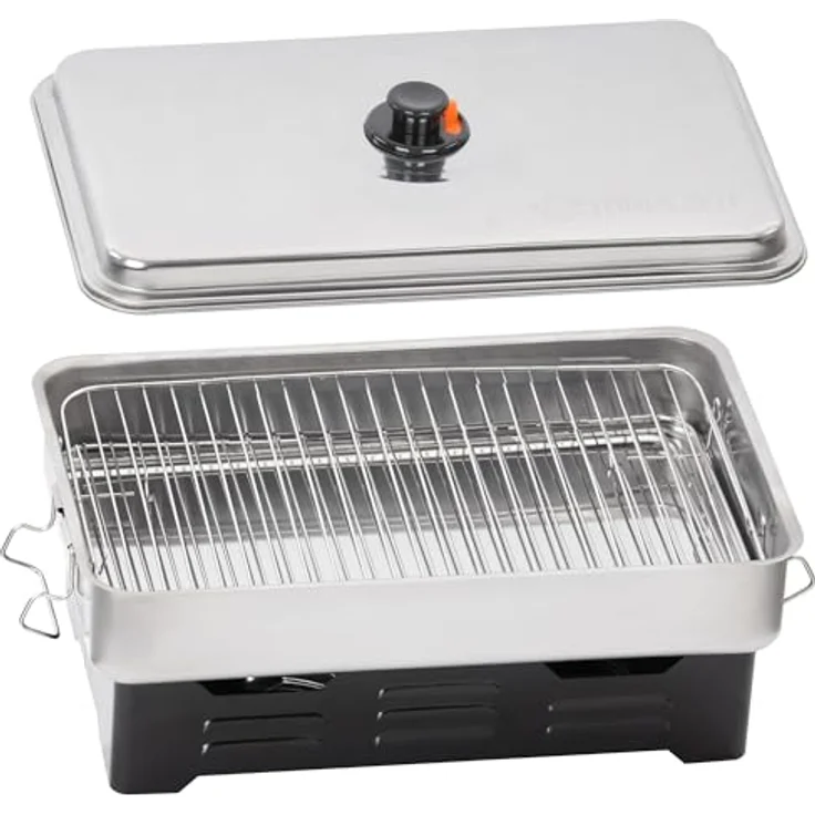 Mahlzeit Tischräucherofen Edelstahl, 47 x 27,5 x 20 cm, kompaktes Räucher-Set für Fisch, Fleisch und Gemüse, unabhängig betrieben mit Fondue-Brenner, inkl. Fettauffangschale und regulierbarem Rauchabzugsschieber – Bild 1
