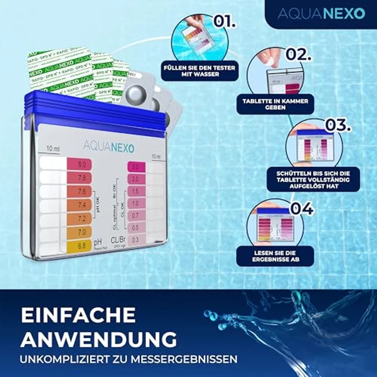 Aquanexo Pool Schütteltester pH und Chlor, Komplett-Set mit 60 Testtabletten für präzise Wasseranalyse – Bild 2