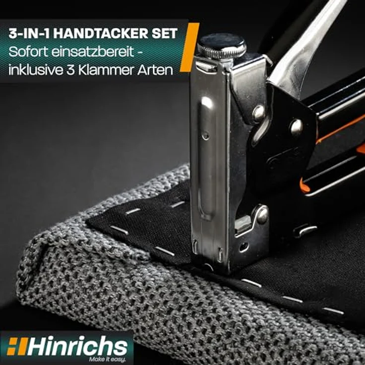 Hinrichs Handtacker im Koffer, 3-in-1 Holztacker mit Klammern und Nägeln, Schwarz/Chrom – Bild 7