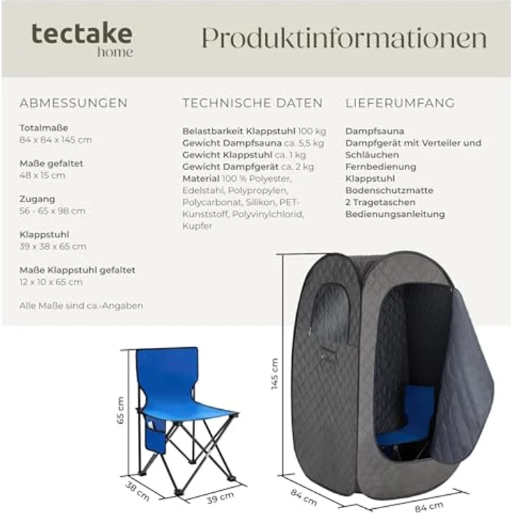 Tectake Mobile Dampfsauna ThermaLuxe I, 1000 W, 15 Temperaturstufen, dunkelgrau/schwarz – Bild 6
