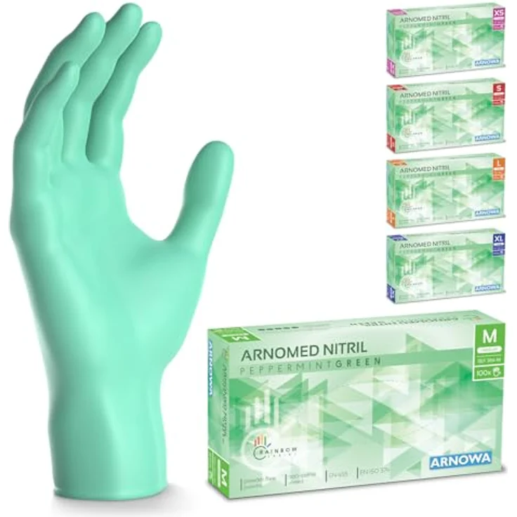 ARNOMED Einweghandschuhe, 500 Stk Nitril, puderfrei, grün, M, für Hygiene- & Reinigungsarbeiten, latexfrei, lebensmittelecht – Bild 1