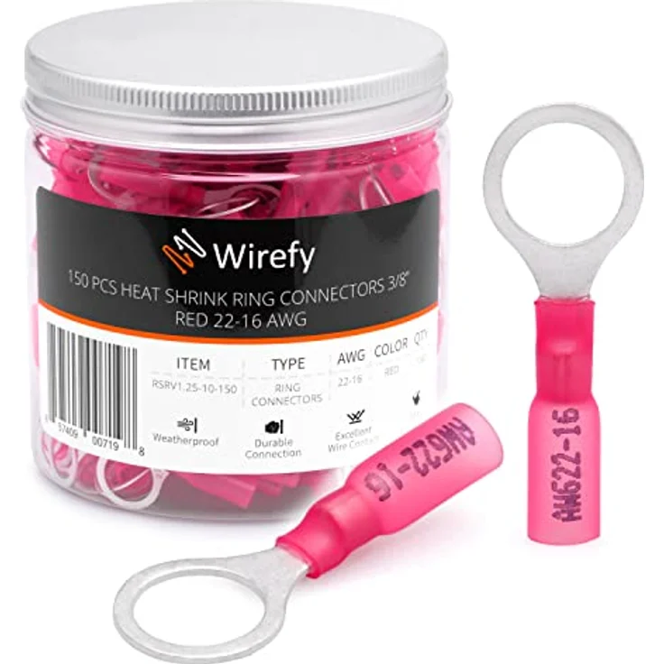Wirefy Rote Ringkabelschuhe Schrumpfverbinder M10, Lötfreie Quetschverbinder für Kabelquerschnitte 0,5-1,5 mm², 150 Stück – Bild 1