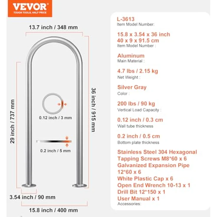 VEVOR Pool-Handlauf, Aluminium Pooleinstieg mit Grundplatte, 400 x 90 x 915 mm, benutzerfreundliche Einstieghilfe für Innen-/Außenpools, silbergrau – Bild 7