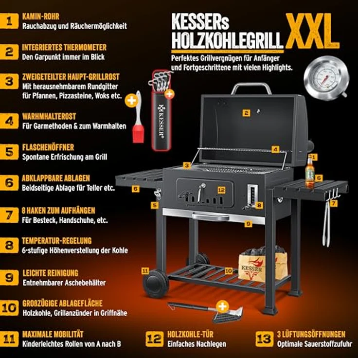 KESSER® Grillwagen BBQ Smoker XXL Holzkohlegrill mit Thermometer, Abdeckhaube & 8 Spießen, Schwarz – Bild 3