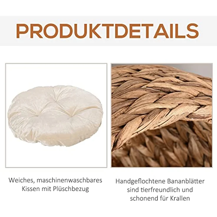 PawHut Rattan Katzenkorb Katzenhöhle Katzenhütte Katzenbett mit Kissen Haustierbett Wasserhyazinthe Hellbraun 50 x 42 x 60 cm – Bild 4