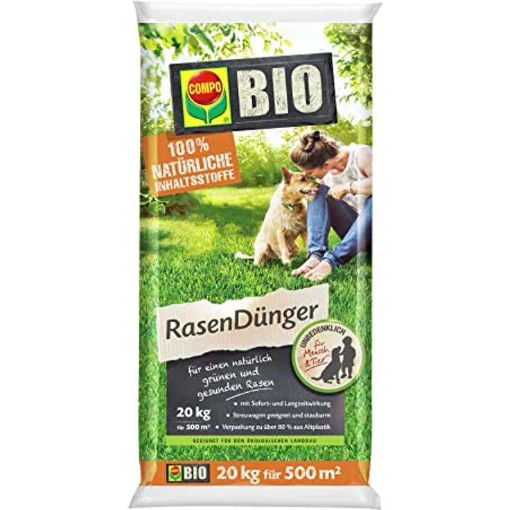 COMPO BIO Rasendünger, Naturdünger für Rasen, Natürliche Sofort- und Langzeitwirkung, Feingranulat, 20 kg, 500 m²