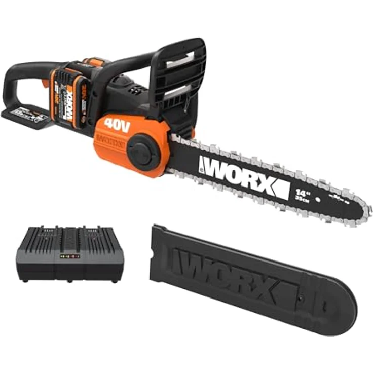 WORX 40V Akku Kettensäge WG384E, 2 x 2,0Ah, Powershare, Bürstenloser Motor, Werkzeugloses Kettenspannsystem, Schnellstopp-kettenbremse, Dual- ladegerät, 35cm Stablänge, 2 x 18V – Bild 2