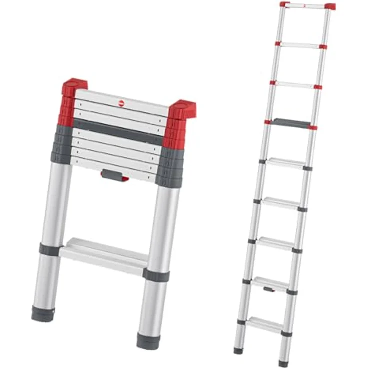 Hailo Teleskop-Anlegeleiter Aluminium, 9 Stufen, max. 150 kg, 265 cm, rutschfeste Sprossen, anodisierte Oberfläche, Einhand-Auslösesystem – Bild 1