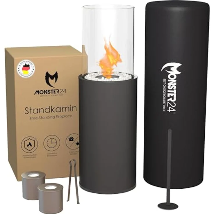 Monster24 runder freistehender Bio-Ethanol Stand-Kamin 80x26x26 cm | schönes Flammenspiel | Bioethanolkamin Outdoor Indoor | Bodenkamin | Terrassenkamin | EN 16647:2015 Zertifiziert, grau – Bild 1