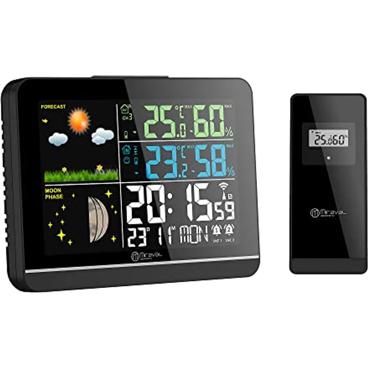 Miraval Funk-Wetterstation, Hygro- & Thermometer für innen/außen mit Farbdisplay, Uhrzeit- und Datumsanzeige, 2 Alarme, Außensensor, 8 Sprachen, inkl. Befestigungsset – Bild 2