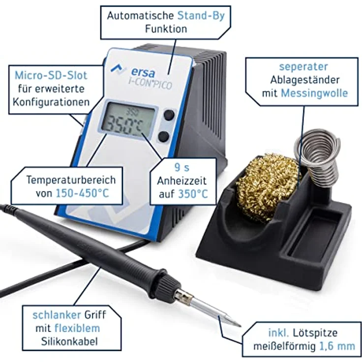 ERSA i-CON PICO digital regelbare Lötstation 80 Watt im Set inkl. Zubehör wie stabile Lötkolbenhalterung, Lötkolben i-Tool Pico | Löttemperatur regelbar 150 bis 450 °C | Auto-Standby – Bild 2