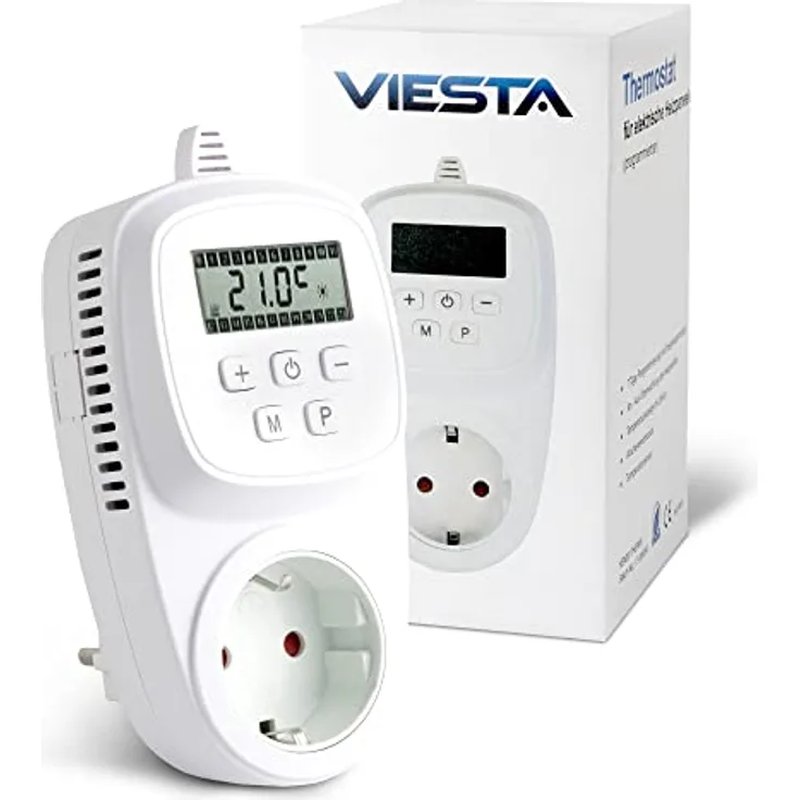 VIESTA TH12 Steckdosenthermostat, programmierbar für 7 Tage, 230V/16A/3600W, 5-35°C, mit LCD-Display, EEPROM-Speicher und Frostschutz, für elektrische Heizgeräte und Heizpaneele