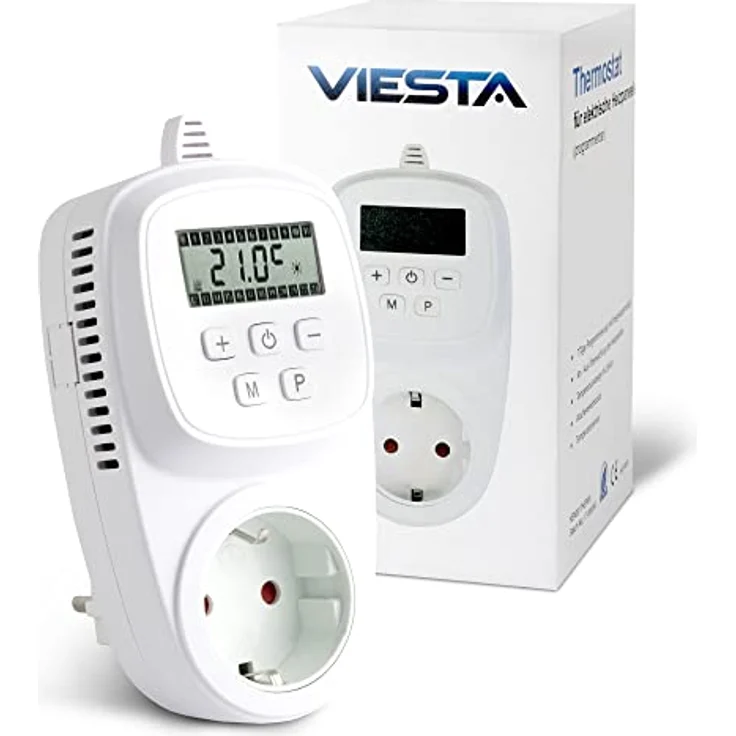 VIESTA TH12 Steckdosenthermostat, programmierbar für 7 Tage, 230V/16A/3600W, 5-35°C, mit LCD-Display, EEPROM-Speicher und Frostschutz, für elektrische Heizgeräte und Heizpaneele – Bild 1