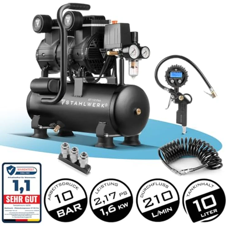 STAHLWERK Kompressor ST-110 Pro, Druckluftset mit 10 bar Maximaldruck, 210 l/min Durchfluss, 10 l Kesselinhalt, inkl. digitaler Reifenfüllpistole und PU-Druckluftschlauch – Bild 2
