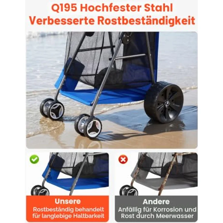 VEVOR Strandwagen Trolley mit Vollgummirädern (10 Zoll), faltbar, Isoliertasche & Schirmhalter, 75 kg belastbar für bis zu 4 Strandstühle - ideal für Camping & Angeln – Bild 4
