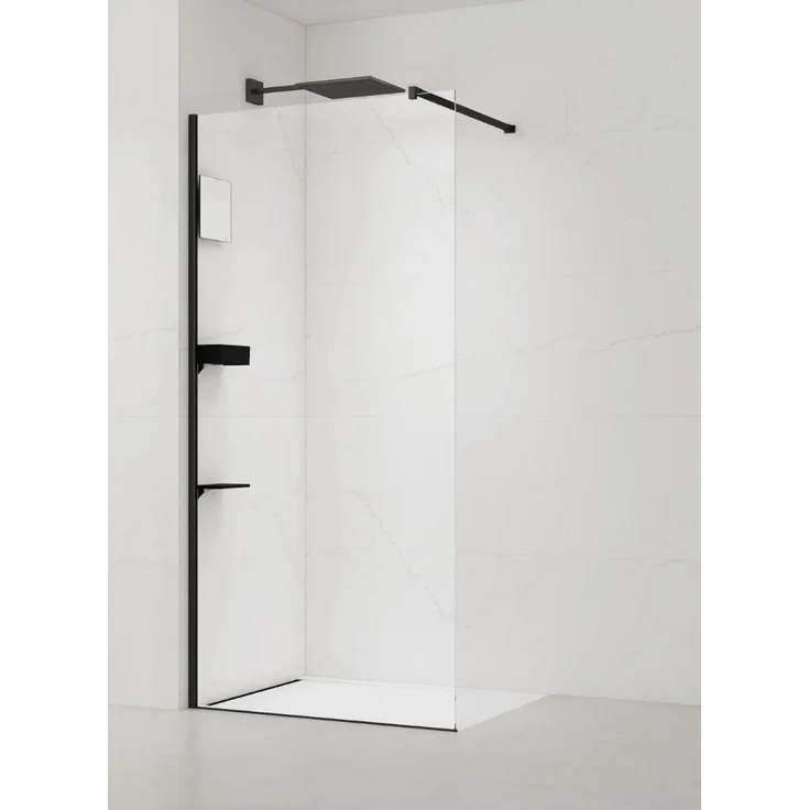 Swiss Aqua Technologies Walk-In Duschabtrennung 100CM, Easy Clean Sicherheitsglas mit Ablage und Spiegel, schwarz