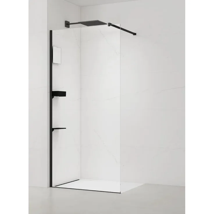 Swiss Aqua Technologies Walk-In Duschabtrennung 100CM, Easy Clean Sicherheitsglas mit Ablage und Spiegel, schwarz