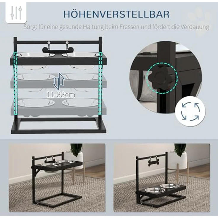 PawHut Erhöhtes Futterstation mit 0,9L Futterschale, Verstellbarer Hundenapf aus Edelstahl, Futternapf mit Futterständer, knochenförmiger Metallplatte, für alle Hundegrößen, Schwarz – Bild 4