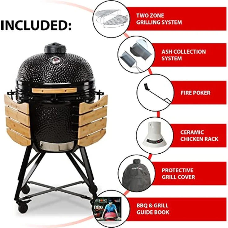 Kamado BONO Kamado Bono Grande Schwarzer - Keramikgrill für Draußen - Kohlegrill mit Großer Wirkung - Perfekt für BBQ und Grillen, Ø 59cm - 10 zusätzliche Grillzubehör gratis Weihnachtsgeschenke – Bild 3