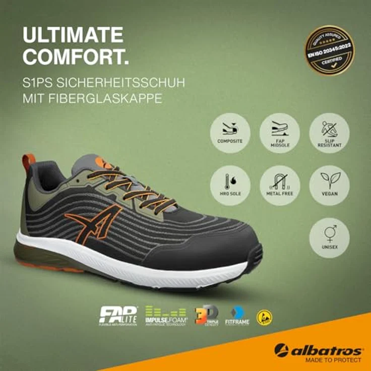 Albatros WAVE IMPULSE LOW S1PS ESD FO HRO SR Sicherheitsschuh, rutschfeste Laufsohle, Schuhgröße 42, Schwarz-Oliv – Bild 4