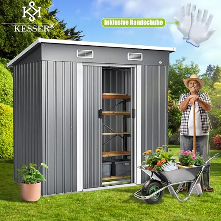 KESSER® Gerätehaus L Metall 4 m³ mit Fundament und 2X Schiebetür | 210x122x186 cm | Gartenhaus Schrank in Grau – Bild 5