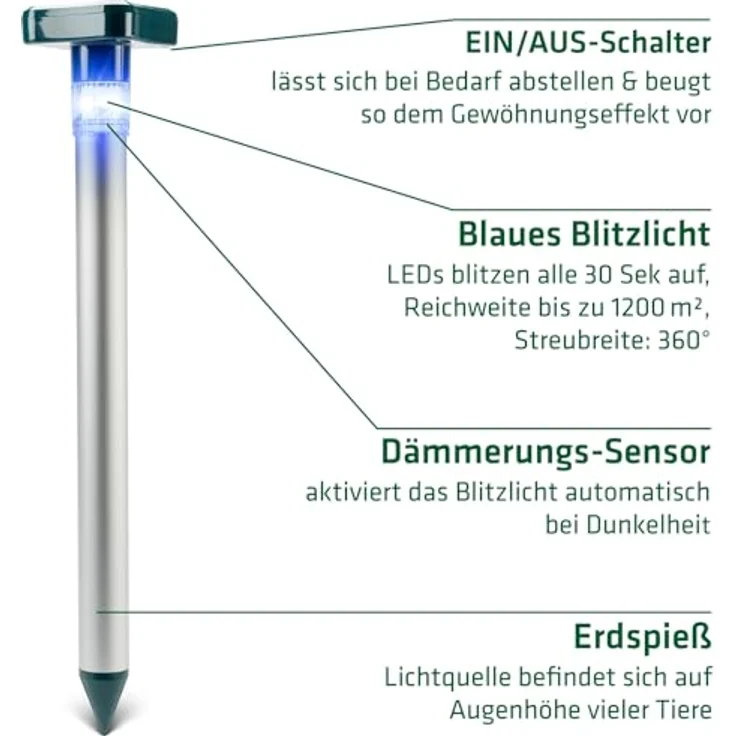 GARDIGO® Wildtierabwehr mit blauem LED-Licht | Wildtier-Vertreiber mit 360° Streuung für den Garten | Wildtiere vertreiben durch blaues Licht | Für Friedhöfe, Gärten, Sportplätze, Beete – Bild 3