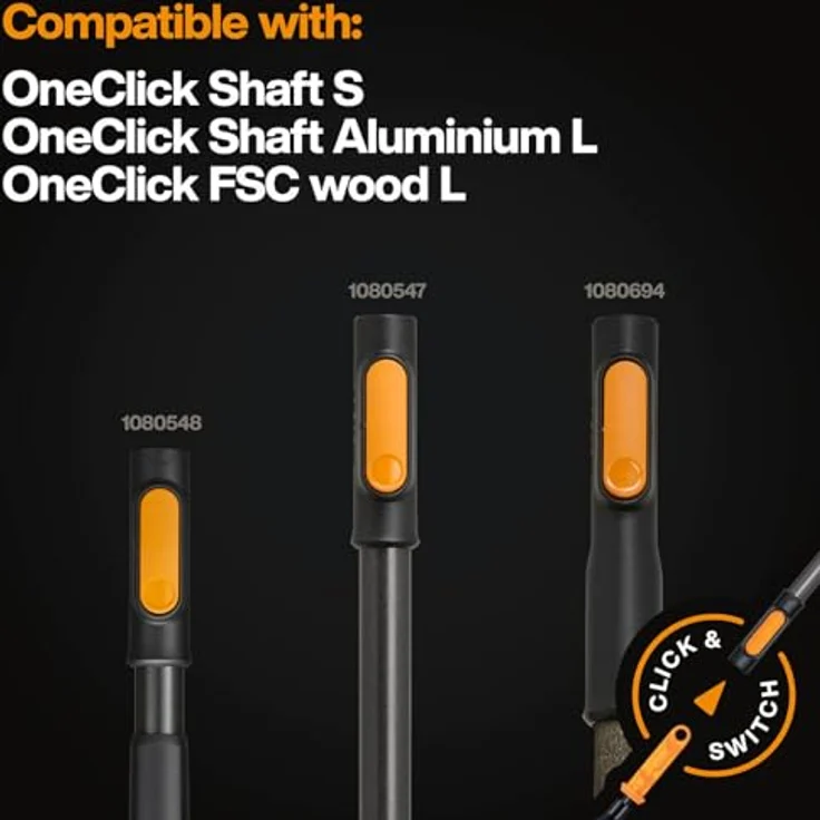 Fiskars OneClick Klein-Fächerbesen, Schmaler Rechen-Aufsatz mit mühelosem OneClick-Wechsel, pflanzenschonend, Breite: 12 cm, Schwarz/Orange, 1080682 – Bild 3