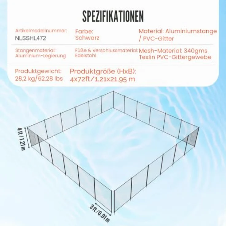 VEVOR Poolzaun, 1,21 x 21,95 m abnehmbarer Kindersicherheits-Poolzaun, Schwarz, einfache DIY-Installation, 340 g Teslin-PVC-Netz, schützt Kinder und Haustiere – Bild 7