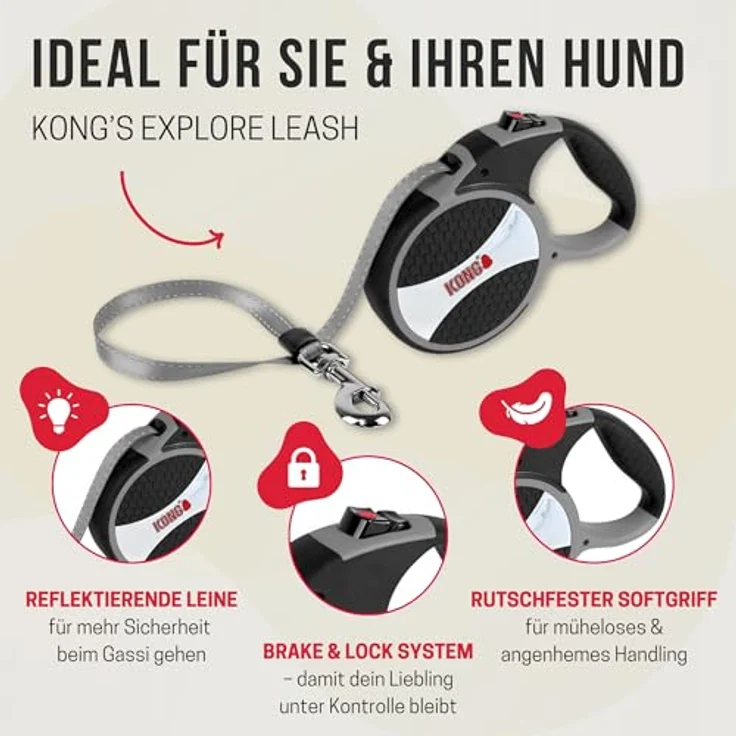KONG Rollleine in 7,5m Länge für große Hunde bis 50kg, Größe L, Break & Lock System, grau – Bild 2