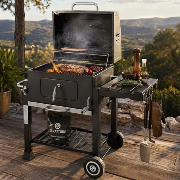 Strattore Holzkohlegrill / BBQ XL Grillwagen, schwarz, mit stufenlos verstellbarem Kohleeinsatz – Bild 8