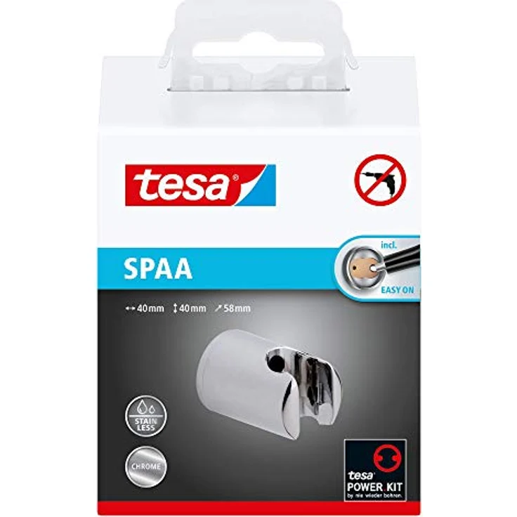 tesa SPAA Duschkopfhalterung, verchromt, garantiert rostfrei, Wandmontage ohne Bohren, inkl. Klebelösung, 40mm x 40mm x 58mm – Bild 2