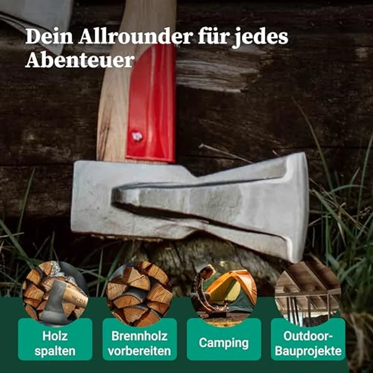 Adler Spaltbeil inkl. Lederschutz: Robustes Holzbeil aus C60-Stahl, 50cm Hickorystiel, Anti-Rutsch, rot/schwarz, 1250g – Bild 5