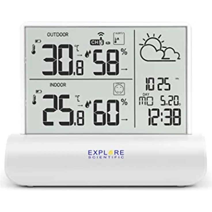 Explore Scientific WSH4501 Wetterstation mit Klarglas-Display, Temperatur- und Luftfeuchtigkeitsmessung innen und außen, einschließlich Sensor, weiß