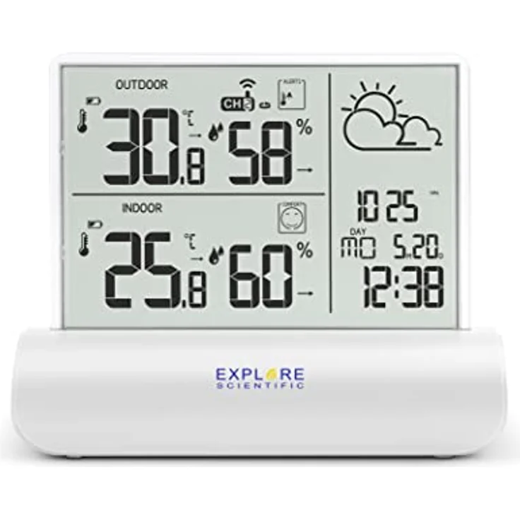 Explore Scientific WSH4501 Wetterstation mit Klarglas-Display, Temperatur- und Luftfeuchtigkeitsmessung innen und außen, einschließlich Sensor, weiß – Bild 1