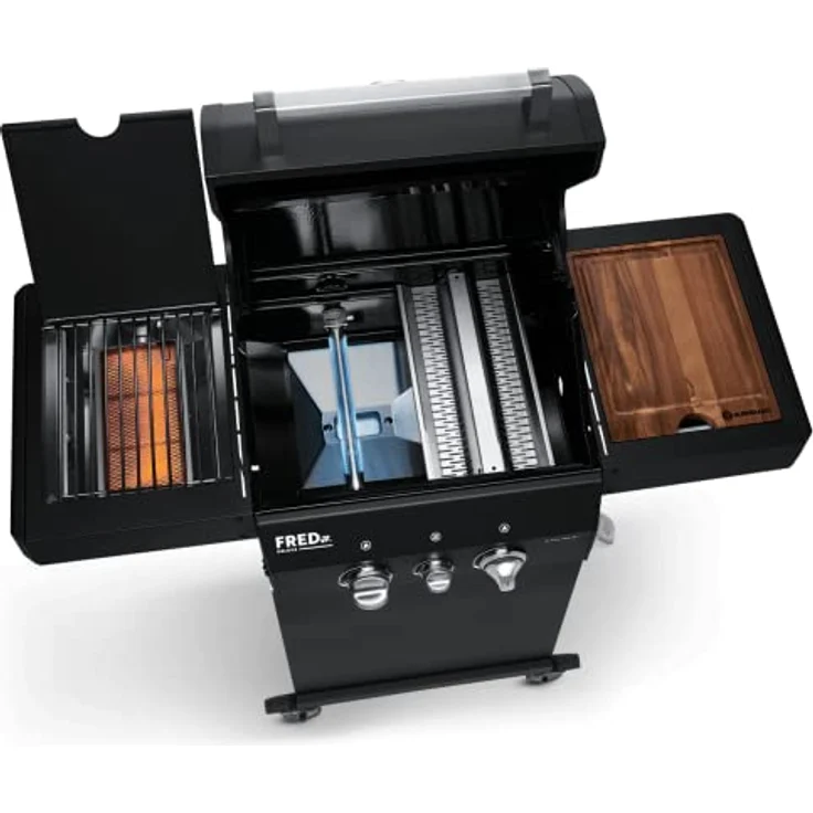 BURNHARD 2-Brenner Gasgrill FRED Jr. Deluxe BLACK 2023 inkl. 900°C Infrarot-Keramikbrenner, Gusseisen-Grillrost, Grillabdeckung, Grillwagen + klappbare Seitentische – Bild 5