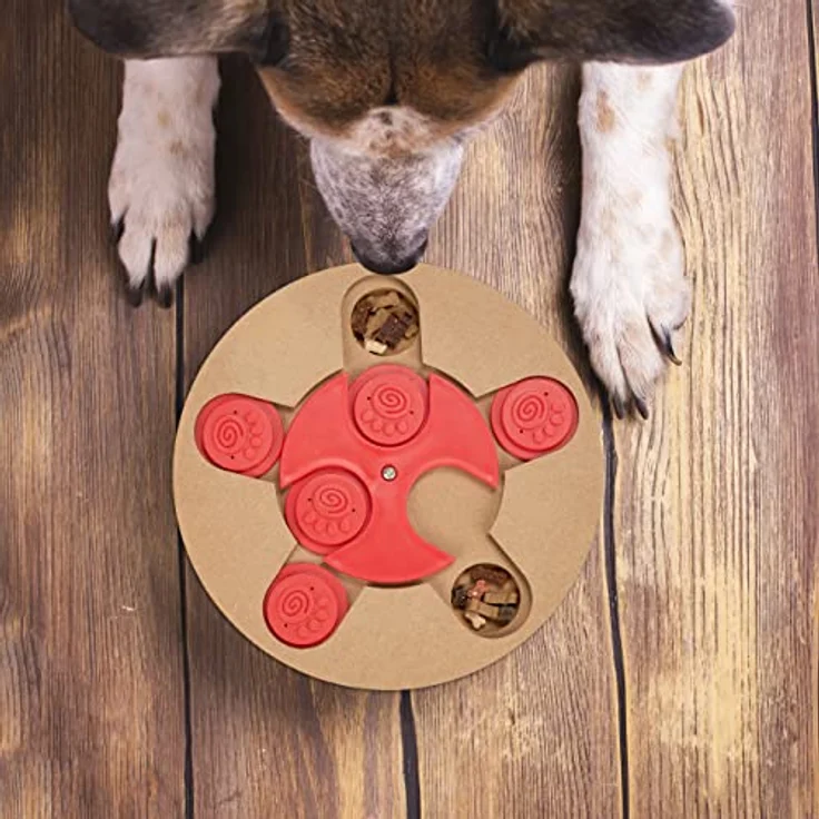 Relaxdays Intelligenzspielzeug für Hunde, Leckerli verstecken, interaktives Hundespielzeug Intelligenz, MDF, natur/rot, 1 Stück – Bild 2