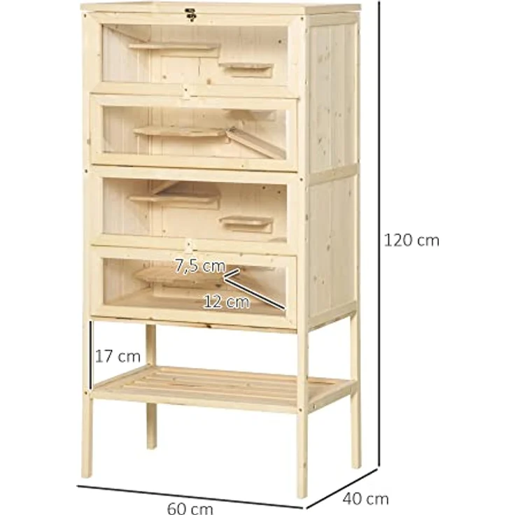 PawHut Kleintierkäfig 5 Etagen mit Gitterdach Rampen Kleintierstall Käfig Nagerkäfig Meerschweinchenstall Tannenholz Naturholz 60 x 40 x 120 cm, Aktivitätszentrum, Sicher, Viel Licht, Einfache Reinigung – Bild 3
